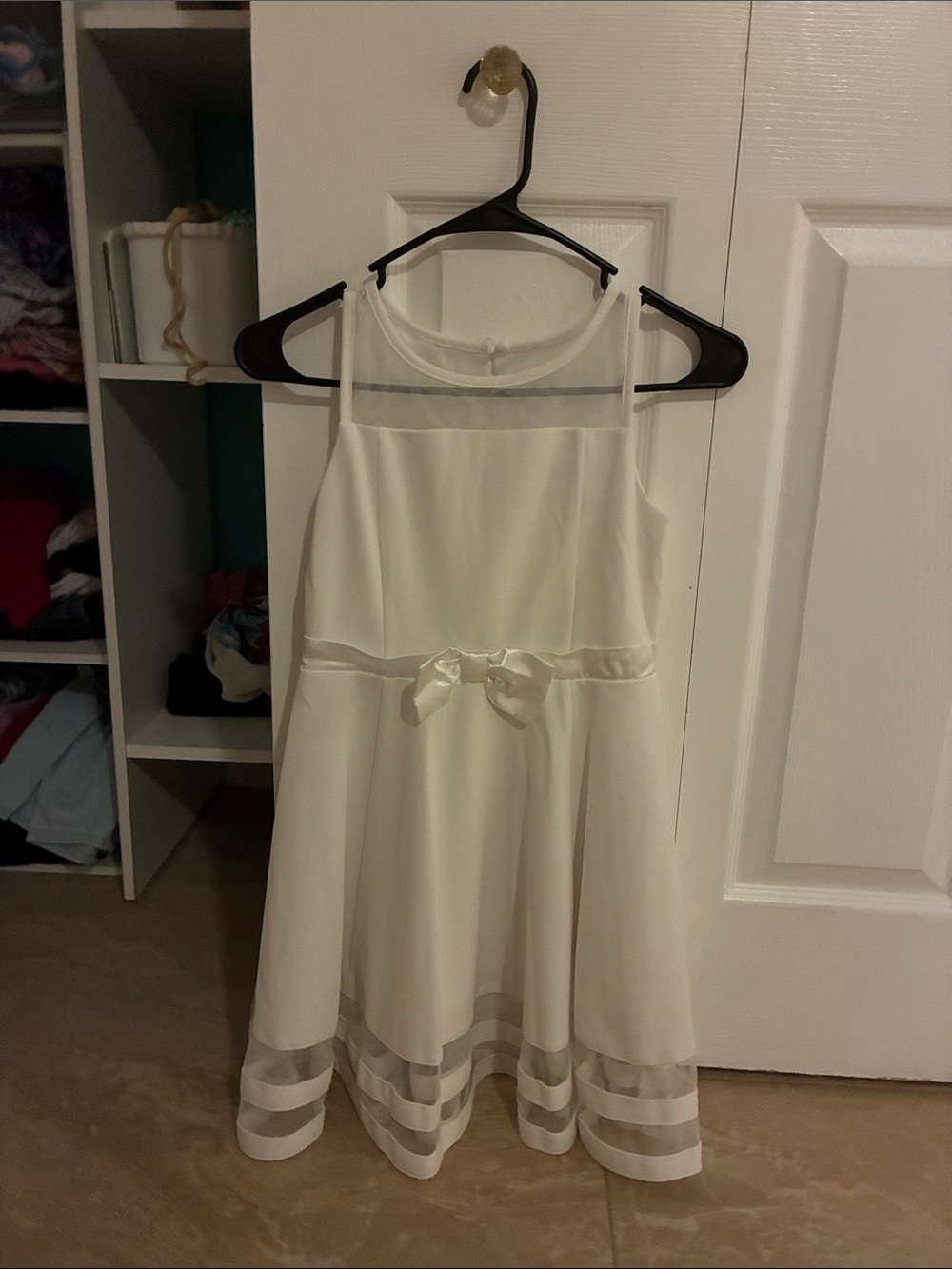 Calvin Klein White Satin & Sheer Panel Dress with Bow